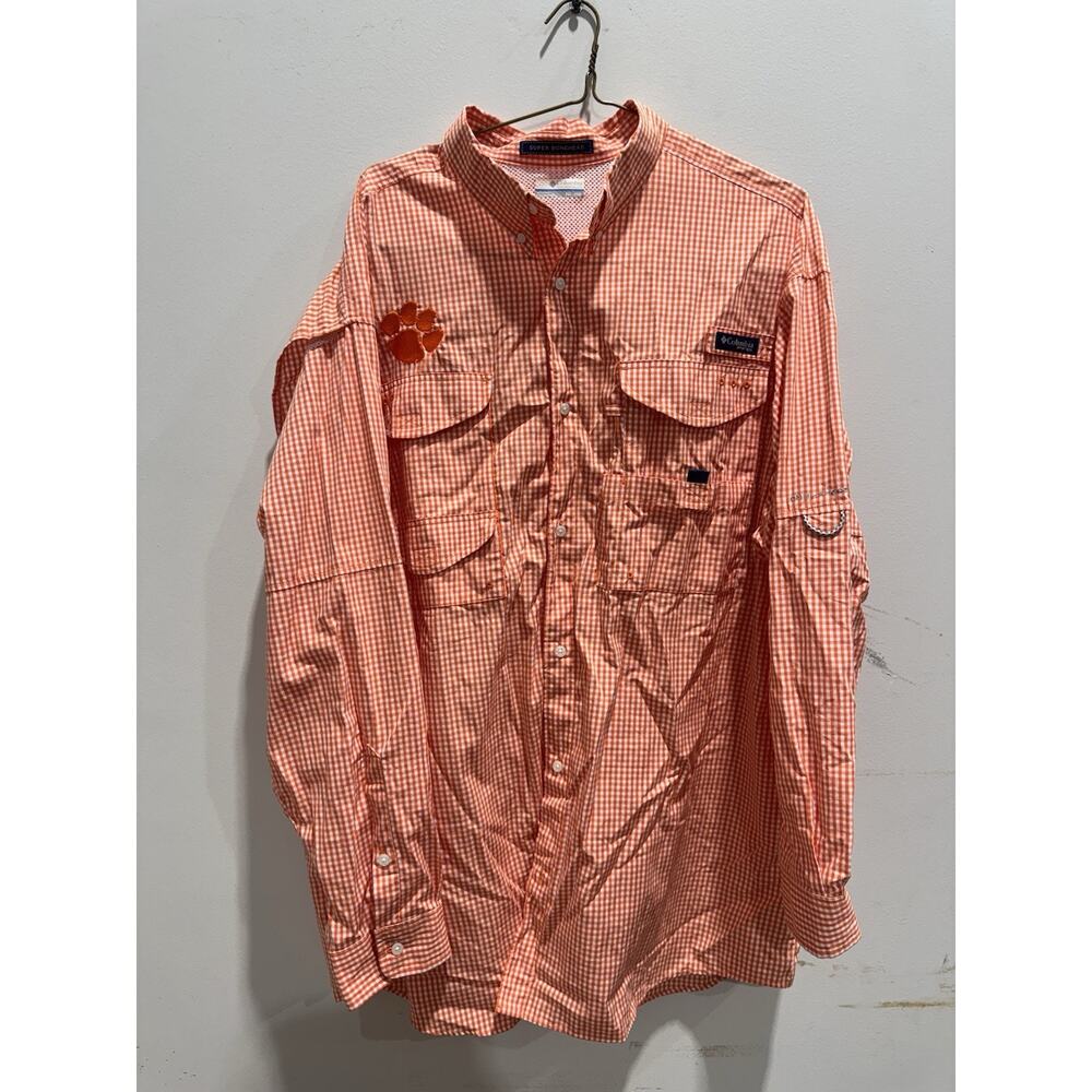 Clemson Tigers Columbia PFG Shirt Mens XXL Orange Gingham Check Super Bonehead